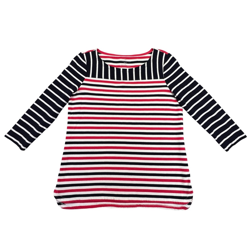 Talbots Shirt Women's‎ Petite Small 1/2 Sleeve Pink Black Stripes White Tunic